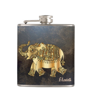 Elegante chique gouden olifant bloemmotief, leerlo heupfles