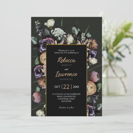 Elegante chique moody bloemen bruiloft Uitnodiging (Staand voorkant)