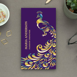 Elegante chique paarse goud folie glanzende pauw visitekaartje