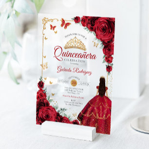 Elegante chique rode rozen gouden Quinceanera Acryl Uitnodigingen