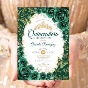 Elegante chique smaragdgroene gouden bloemenkwinta kaart