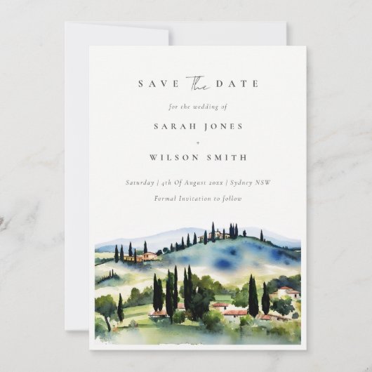 Elegante Chique Toscane Italië Aquarel Landschap Save The Date (Voorkant)