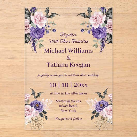 Elegante chique waterverf Bloemen Halloween bruilo Acryl Uitnodigingen (Voorkant)