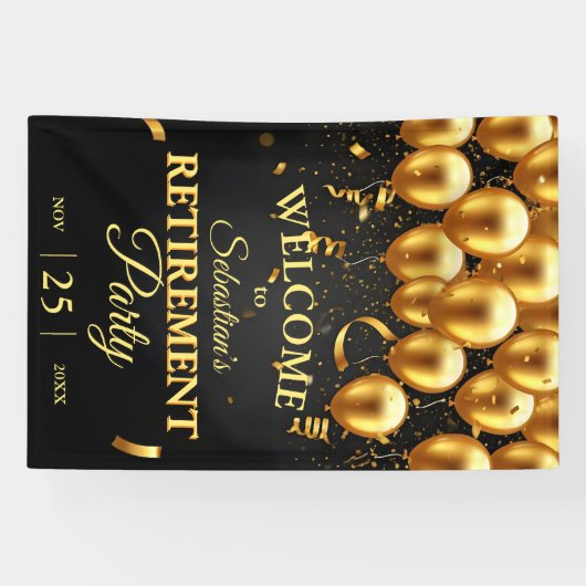 Elegante chique zwarte gouden ballonnen pensioenfe spandoek (Horizontaal)