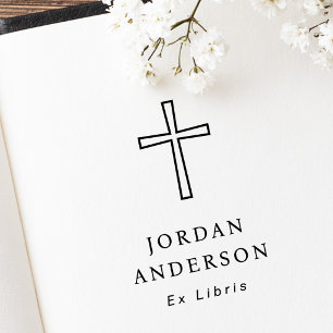 Elegante christelijke kruis naam ex libris boekpla 	rubberstempel