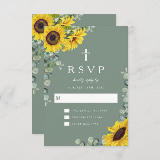 Elegante Christelijke Sage Green Zonnebloem bruilo RSVP Kaartje (Voorkant / Achterkant)