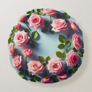 Elegante Cirkelvormige Schikking van Roze Rozen Rond Kussen