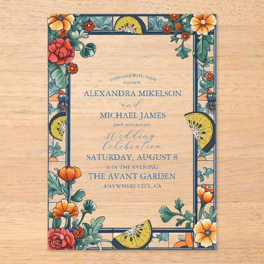 Elegante Citroen Botanische Blauwe Mediterrane bru Acryl Uitnodigingen (Voorkant)