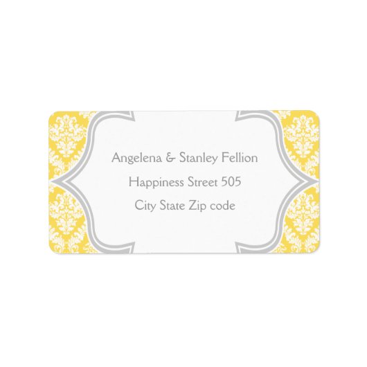 Elegante citroengele, grijze damast bruiloft etiket (Voorkant)