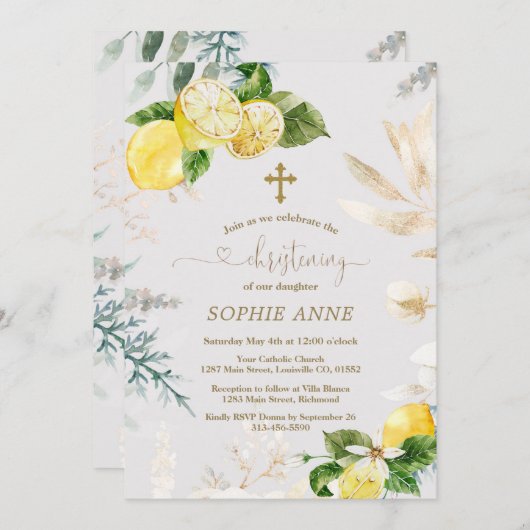 Elegante citroenvruchten goud bloemengestalte doop kaart (Voorkant / Achterkant)