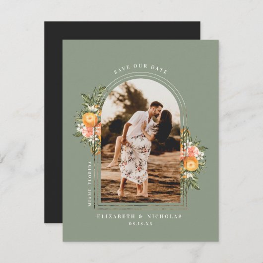 Elegante citrusboomgaard | Boho save the date (Voorkant / Achterkant)