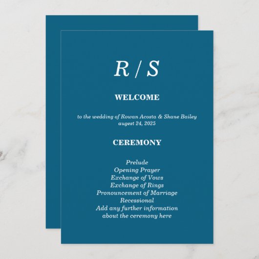 Elegante Classic Blue Monogram Wedding Program Kaa Programma (Voorkant / Achterkant)