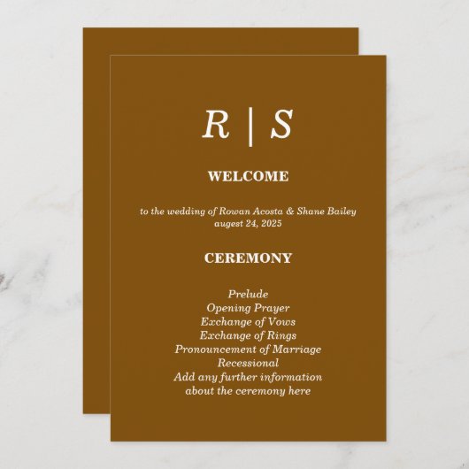 Elegante Classic Brow Monogram Trouwprogramma Kaar Programma (Voorkant / Achterkant)