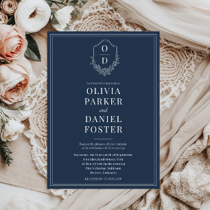 Elegante Classic Crest Navy Blue Wedding Kaart