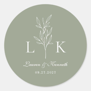 Elegante Classic Leaf Monogram Trouwwijze Groen Ronde Sticker