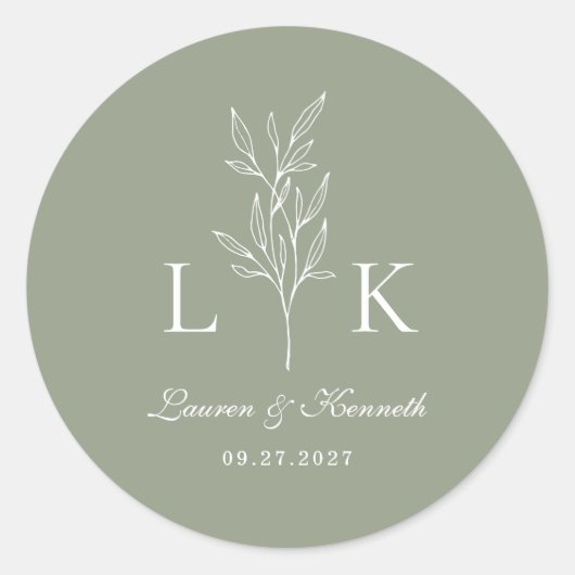 Elegante Classic Leaf Monogram Trouwwijze Groen Ronde Sticker (Voorkant)