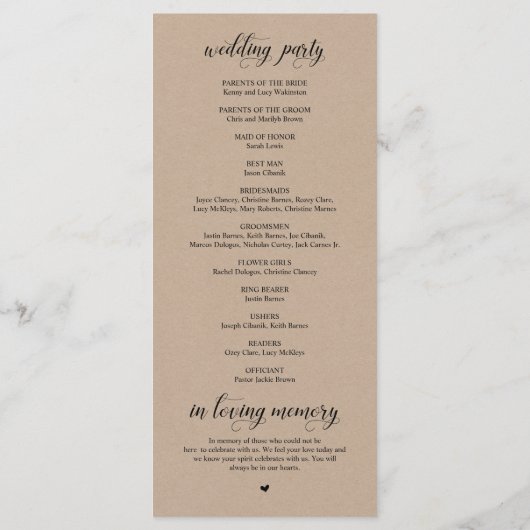 Elegante Classy Brown Rustic Kraft huwelijksceremo Programma (Achterkant)