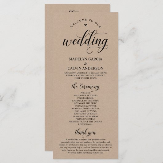 Elegante Classy Brown Rustic Kraft huwelijksceremo Programma (Voorkant / Achterkant)