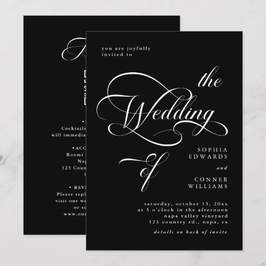 Elegante Classy Script bruiloft alles in één zwart Kaart (Voorkant / Achterkant)