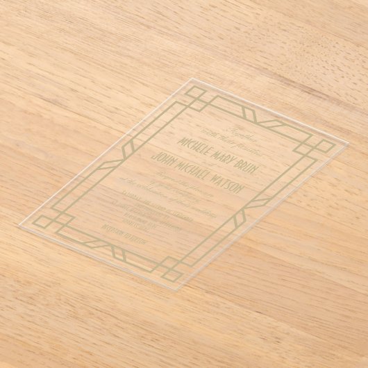 Elegante Classy Transparant Art Deco Beige bruilof Acryl Uitnodigingen (Laagn)