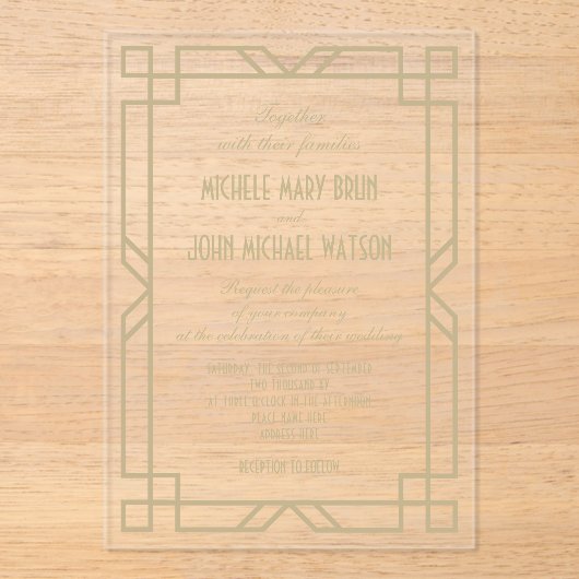 Elegante Classy Transparant Art Deco Beige bruilof Acryl Uitnodigingen (Voorkant)
