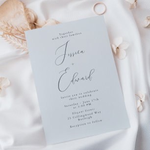 Elegante Coastal Mist Blue Script Wedding Kaart