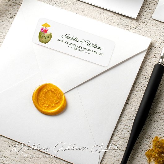 Elegante Coconut Tropical Beach bruiloft adres Etiket