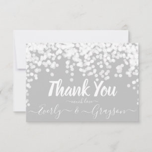 Elegante Confetti Fairy Lights Grijs Wit Dank u Bedankkaart