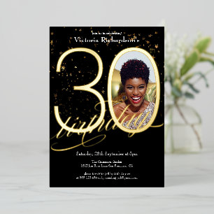 Elegante Confetti Zwart Gouden Foto 30e Verjaardag Folie Uitnodiging