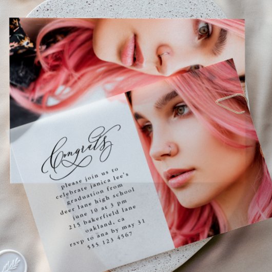 Elegante Congrats Script Foto Afstuderen Party Vellum Uitnodigingen