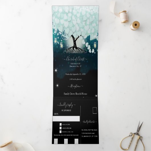 Elegante Cool Aqua Heart Leaf Wedding Drieluik Uitnodiging (Binnen)