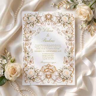 Elegante Coquette Bruiloft, Witte Satijnen Strik Kaart