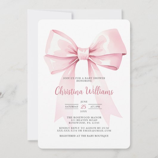 Elegante Coquette Roze Bow Girl Baby shower Kaart (Voorkant)