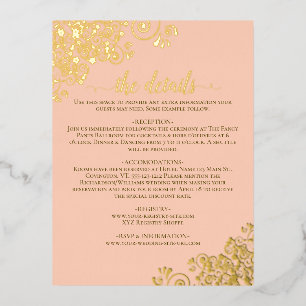 Elegante Coral Peach Gold Foil Wedding Details Kaa Folie Uitnodiging Briefkaart