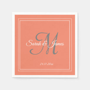 Elegante Coral White Monogram Trouwpapier Servet