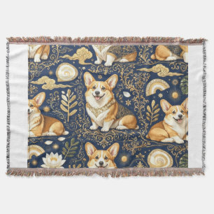 Elegante Corgi Honden Goud Damast Navy Blauwe Patr Deken