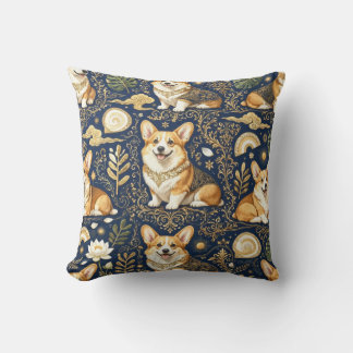 Elegante Corgi Honden Goud Damast Navy Blauwe Patr Kussen