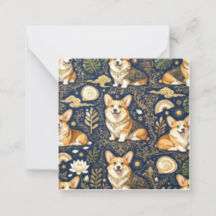 Elegante Corgi Honden Goud Damast Navy Blauwe Patr Notitiekaartje