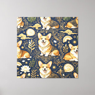 Elegante Corgi Honden Goud Damast Navyblauw Patroo Canvas Afdruk