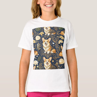Elegante Corgi Honden Goud Damast Navyblauw Patroo T-shirt