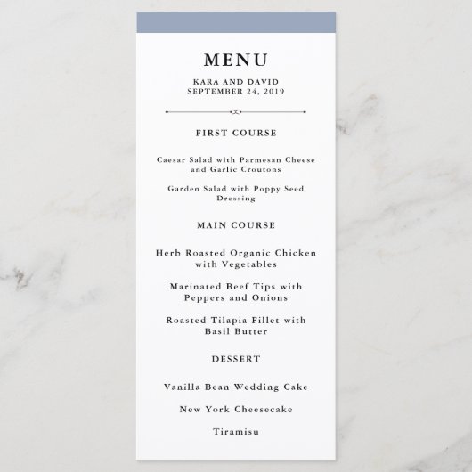Elegante Couture | Dusty Blue Wedding Menu (Voorkant)