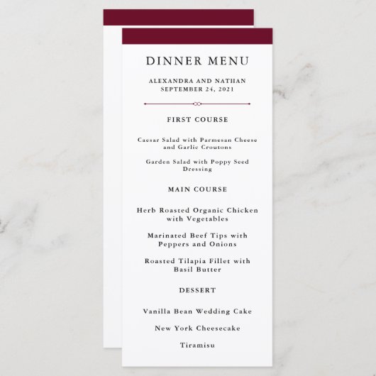 Élégante Couture | Menu de mariage Marsala (Devant / Derrière)