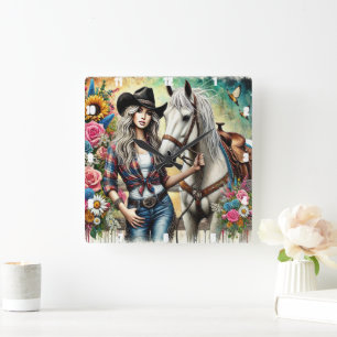 Elegante cowgirl poseren met mooi wit paard vierkante klok