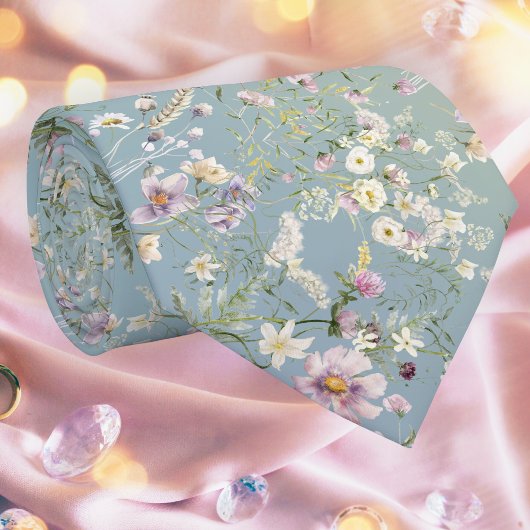 Élégante cravate bleu serène florale