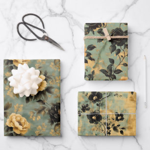 Elegante Cream & Black Floral op Sage Green Inpakpapier Vel