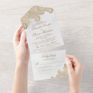 Elegante Cream Gold Lace Border Wedding met RSVP All In One Uitnodiging