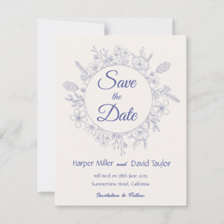 Elegante Crème & Blauwe Bloemige Save the Date