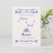 Elegante crème & blauwe bruiloft uitnodiging (Staand voorkant)