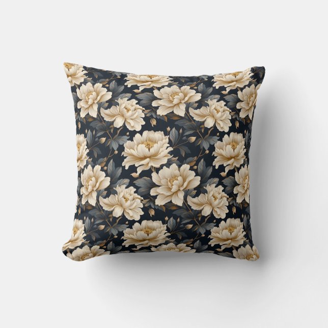 Elegante Crème Bloem Teal Zwart Kussen (Voorkant)