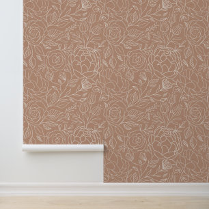 Elegante Crème Bloemen Patroon Terracotta Behang